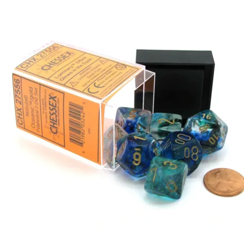 Dice>7 Piece Polyhedral DnD Nebula Dice Set with Luminary - Oceanic with Gold Numbers - Your Source for Gaming Essentials