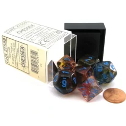 Dice>7 Piece Polyhedral DnD Nebula Dice Set with Luminary - Primary with Blue Numbers - Your Source for Gaming Essentials