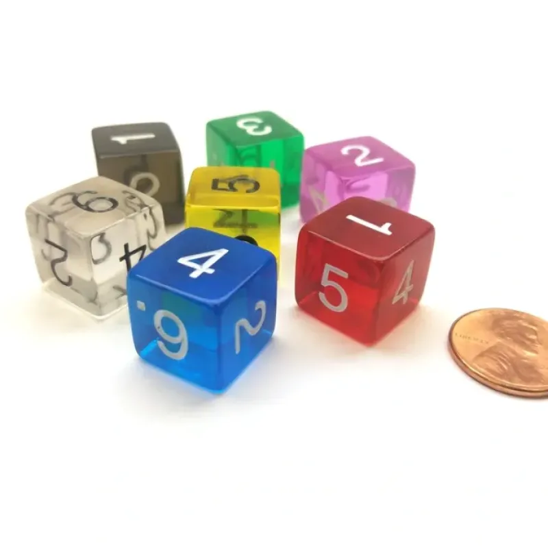 Dice>7 Transparent D6 16mm Numbered Dice - Blue Clear Green Orchid Red Smoke Yellow - Your Source for Gaming Essentials