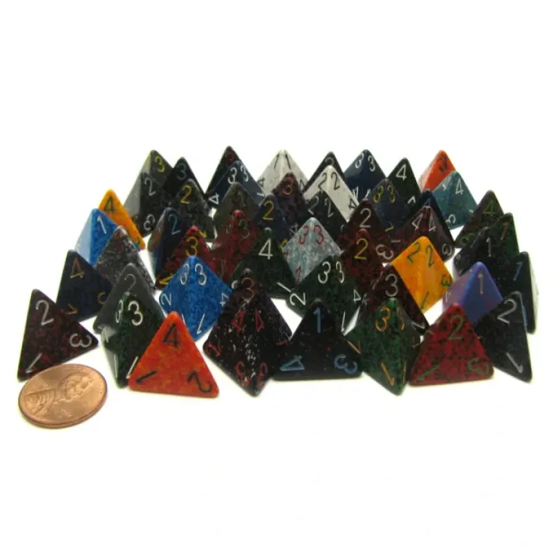 Dice>Bag of 50 Assorted Loose Speckled Polyhedral 17mm D4 Dice - Your Source for Gaming Essentials