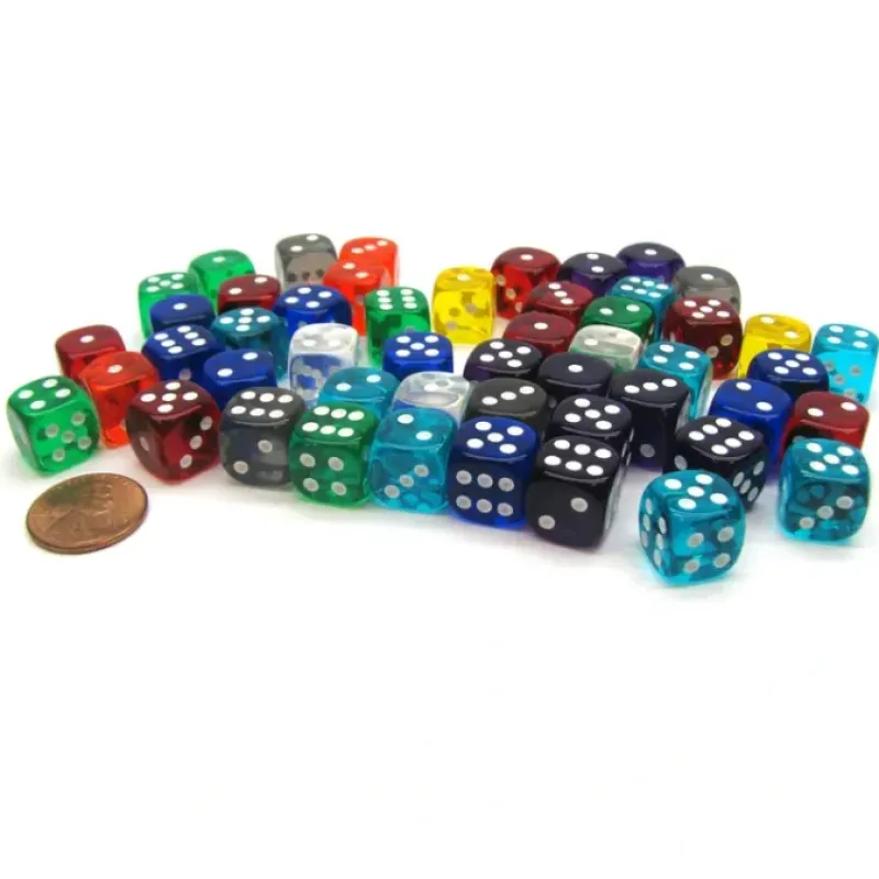 Dice>Bag of 50 Assorted Loose Translucent 12mm D6 Dice - Your Source for Gaming Essentials