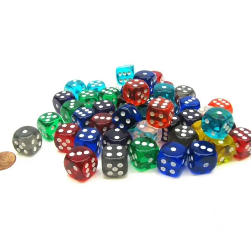 Dice>Bag of 50 Assorted Loose Translucent 16mm D6 Dice - Your Source for Gaming Essentials