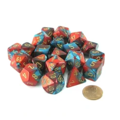 Dice>Bag of 20 Gemini Polyhedral Dice - Red-Teal with Gold Numbers - Your Source for Gaming Essentials