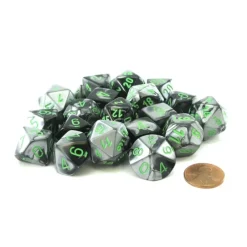 Dice>Bag of 20 Gemini Polyhedral Dice - Black-Grey with Green Numbers - Your Source for Gaming Essentials