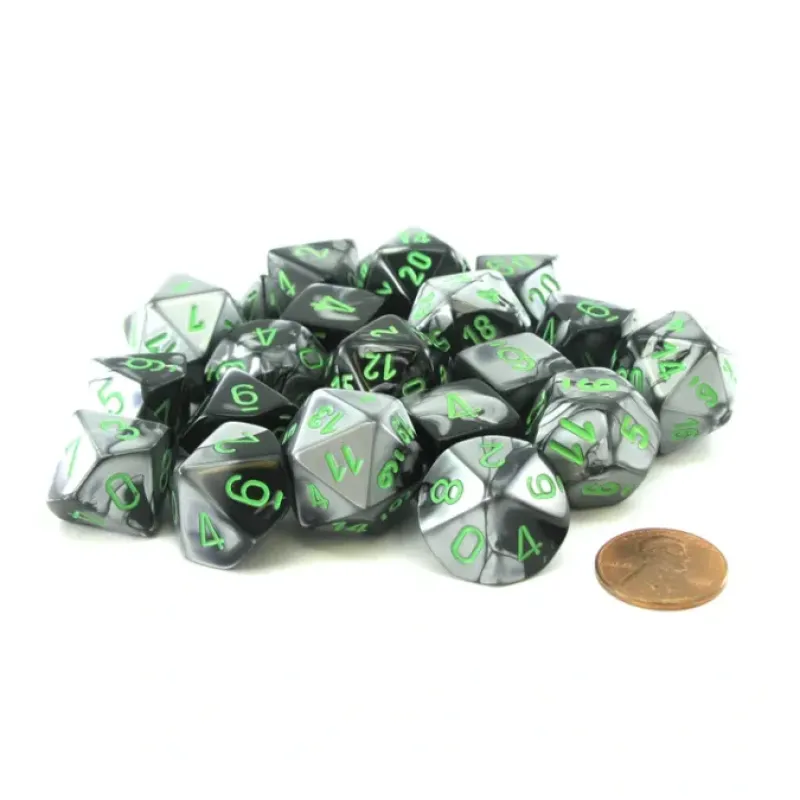 Dice>Bag of 20 Gemini Polyhedral Dice - Black-Grey with Green Numbers - Your Source for Gaming Essentials