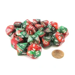 Dice>Bag of 20 Gemini Polyhedral Dice - Green-Red with White Numbers - Your Source for Gaming Essentials