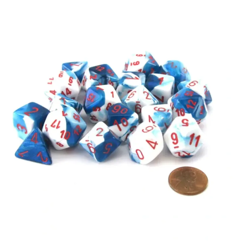 Dice>Bag of 20 Gemini Polyhedral Dice - Astral Blue-White with Red Numbers - Your Source for Gaming Essentials