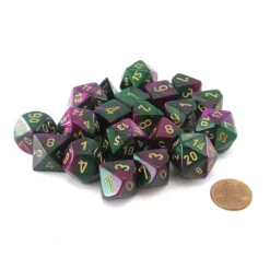 Dice>Bag of 20 Gemini Polyhedral Dice - Green-Purple with Gold Numbers - Your Source for Gaming Essentials