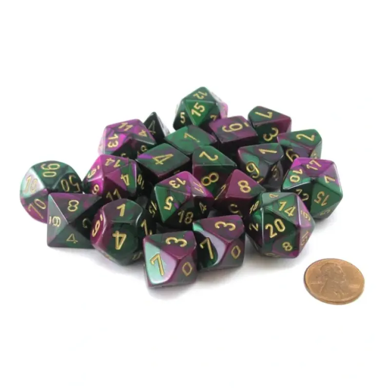 Dice>Bag of 20 Gemini Polyhedral Dice - Green-Purple with Gold Numbers - Your Source for Gaming Essentials