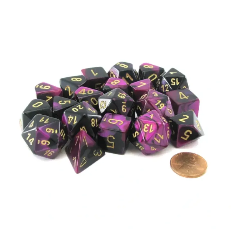 Dice>Bag of 20 Gemini Polyhedral Dice - Black-Purple with Gold Numbers - Your Source for Gaming Essentials