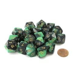 Dice>Bag of 20 Gemini Polyhedral Dice - Black-Green with Gold Numbers - Your Source for Gaming Essentials