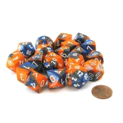 Dice>Bag of 20 Gemini Polyhedral Dice - Blue-Orange with White Numbers - Your Source for Gaming Essentials