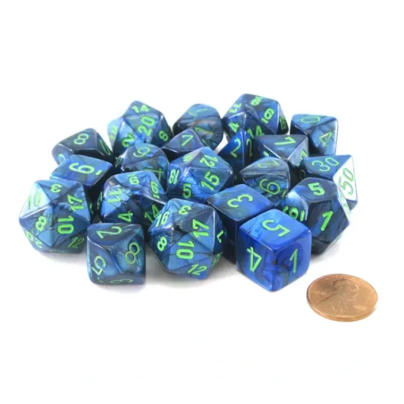 Dice>Bag of 20 Lustrous Polyhedral Dice - Dark Blue with Green Numbers - Your Source for Gaming Essentials
