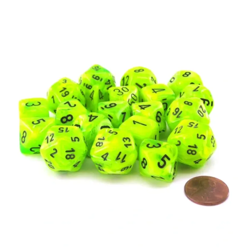 Dice>Bag of 20 Vortex Polyhedral Dice- Bright Green with Black Numbers - Your Source for Gaming Essentials