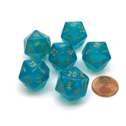 Dice>Borealis 20 Sided D20 Chessex Dice, 6 Pieces - Teal with Gold Numbers - Your Source for Gaming Essentials