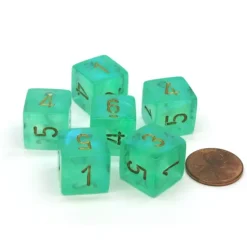 Dice>Borealis 15mm 6 Sided D6 Chessex Dice, 6 Pieces - Light Green with Gold Numbers - Your Source for Gaming Essentials