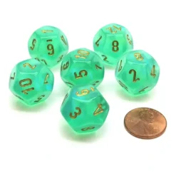 Dice>Borealis 18mm 12 Sided D12 Chessex Dice, 6 Pieces - Light Green with Gold - Your Source for Gaming Essentials