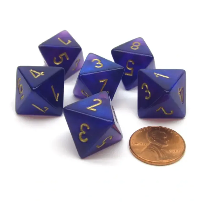 Dice>Borealis 15mm 8 Sided D8 Chessex Dice, 6 Pieces - Royal Purple with Gold - Your Source for Gaming Essentials
