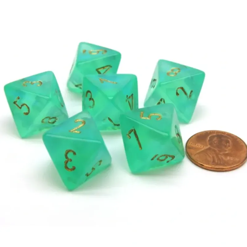 Dice>Borealis 15mm 8 Sided D8 Chessex Dice, 6 Pieces - Light Green with Gold - Your Source for Gaming Essentials