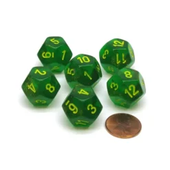 Dice>Borealis 18mm D12 Chessex Dice, 6 Pieces - Maple Green with Yellow Numbers - Your Source for Gaming Essentials