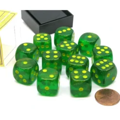 Dice>Borealis 16mm D6 Chessex Dice Block (12 Die) - Maple Green with Yellow Pips - Your Source for Gaming Essentials
