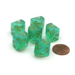 Dice>Borealis 16mm Tens D10 (00-90) Chessex Dice, 6 Pieces - Light Green with Gold - Your Source for Gaming Essentials