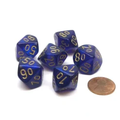 Dice>Borealis 16mm Tens D10 (00-90) Chessex Dice, 6 Pieces - Royal Purple with Gold - Your Source for Gaming Essentials