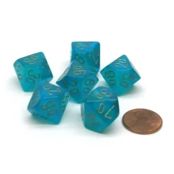 Dice>Borealis 16mm Tens D10 (00-90) Chessex Dice, 6 Pieces - Teal with Gold Numbers - Your Source for Gaming Essentials