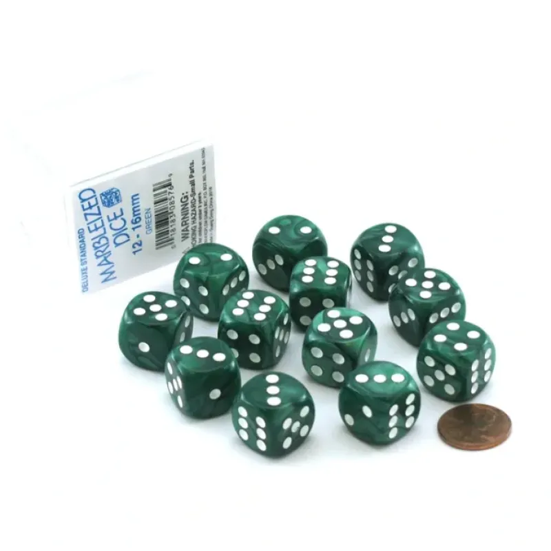 Dice>Case of 12 Deluxe Marble 16mm Round Edge Dice - Green with White Pips - Your Source for Gaming Essentials