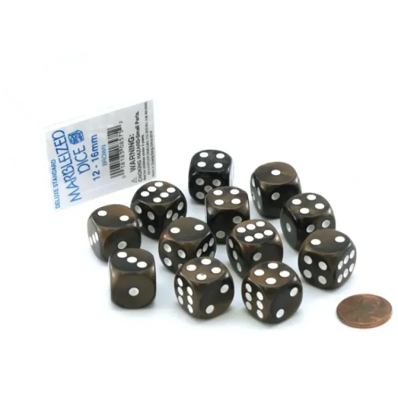 Dice>Case of 12 Deluxe Marble 16mm Round Edge Dice - Brown with White Pips - Your Source for Gaming Essentials