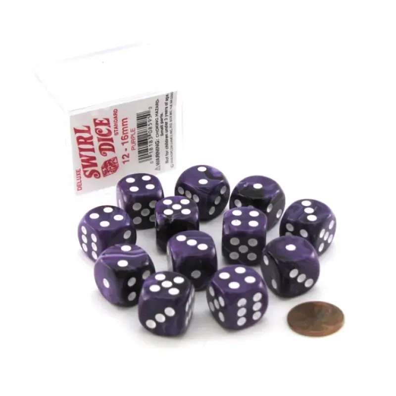 Dice>Case of 12 Deluxe Swirl 16mm Round Edge Dice - Purple with White Pips - Your Source for Gaming Essentials