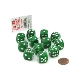 Dice>Case of 12 Deluxe Swirl 16mm Round Edge Dice - Ice Green with White Pips - Your Source for Gaming Essentials