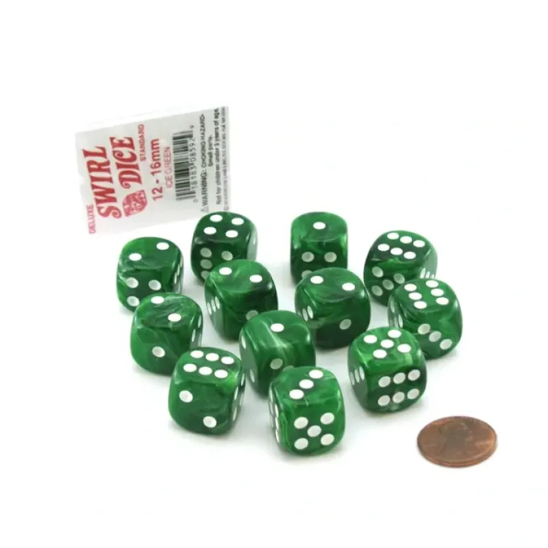 Dice>Case of 12 Deluxe Swirl 16mm Round Edge Dice - Ice Green with White Pips - Your Source for Gaming Essentials