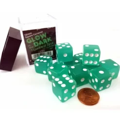 Dice>Case with 12 16mm Glow in the Dark Dice - Lime Color with White Pips - Your Source for Gaming Essentials