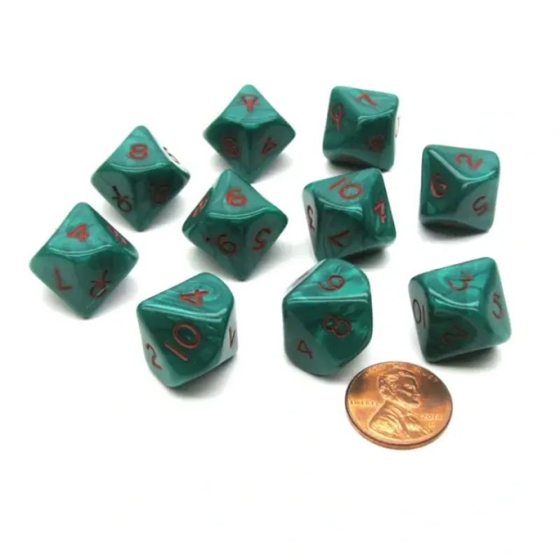 Dice>D10 Die 10 Piece Chessex Dice Set - Ankh Green with Red Pearlized Numbers - Your Source for Gaming Essentials