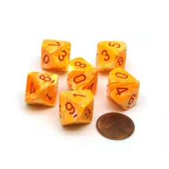 Dice>Festive 16mm D10 (0-9) Chessex Dice, 6 Pieces - Sunburst with Red Numbers - Your Source for Gaming Essentials