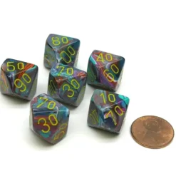 Dice>Festive 16mm Tens D10 (00-90) Dice, 6 Pieces - Mosaic with Yellow Numbers - Your Source for Gaming Essentials