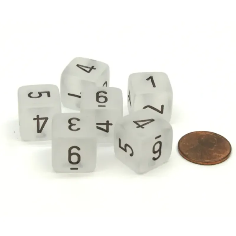 Dice>Frosted 15mm 6 Sided D6 Chessex Dice, 6 Pieces - Clear with Black Numbers - Your Source for Gaming Essentials