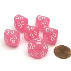 Dice>Frosted 16mm Tens D10 (00-90) Chessex Dice, 6 Pieces - Pink with White Numbers - Your Source for Gaming Essentials