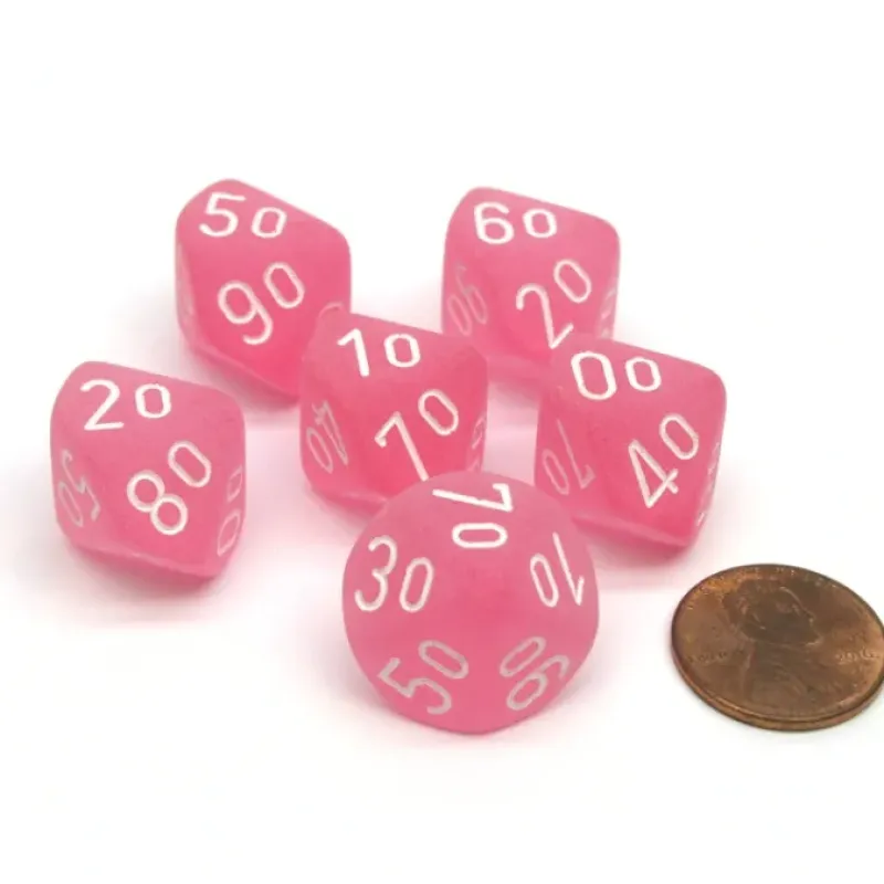Dice>Frosted 16mm Tens D10 (00-90) Chessex Dice, 6 Pieces - Pink with White Numbers - Your Source for Gaming Essentials