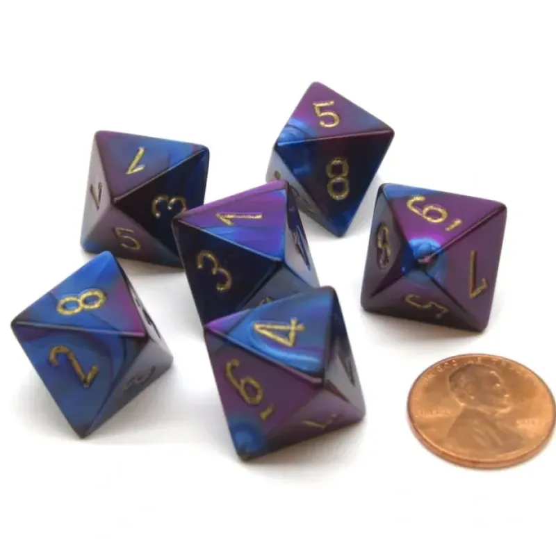 Dice>Gemini 15mm 8 Sided D8 Chessex Dice, 6 Pieces - Blue-Purple with Gold - Your Source for Gaming Essentials