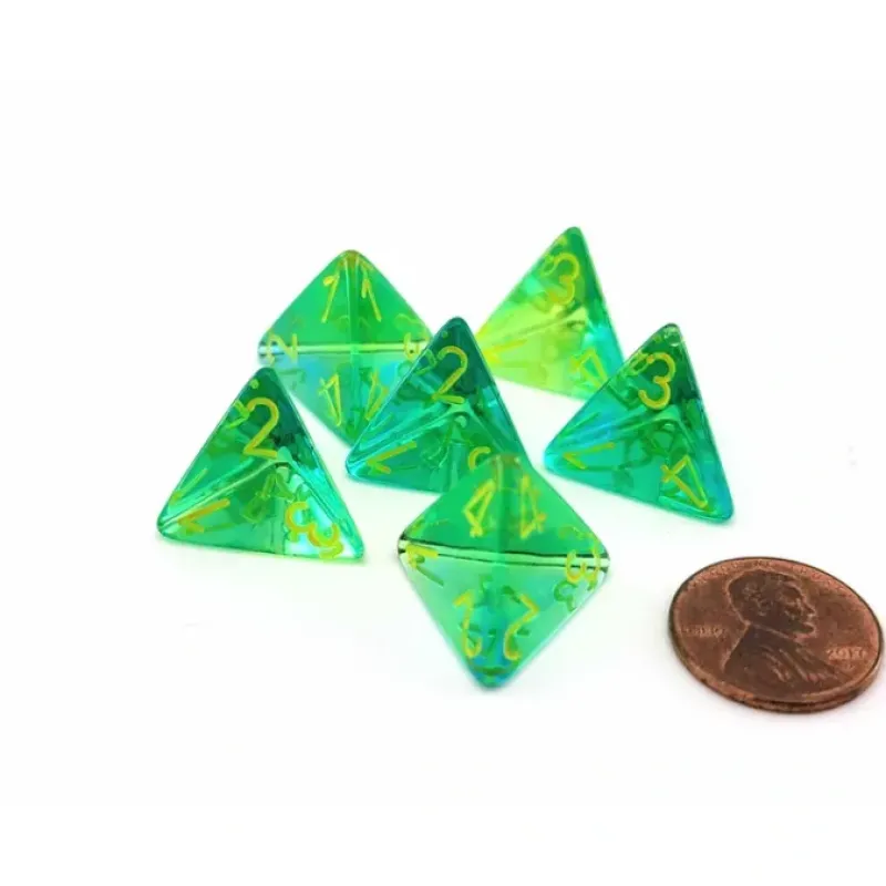 Dice>Gemini 18mm 4 Sided D4 Dice, 6 Pieces - Translucent Green-Teal with Yellow - Your Source for Gaming Essentials