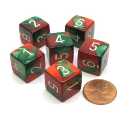 Dice>Gemini 15mm 6-Sided D6 Numbered Chessex Dice, 6 Pieces - Green-Red with White - Your Source for Gaming Essentials
