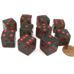 Dice>Pack of 10 16mm D6 Square Edge Transparent Dice - Black with Red Pips - Your Source for Gaming Essentials