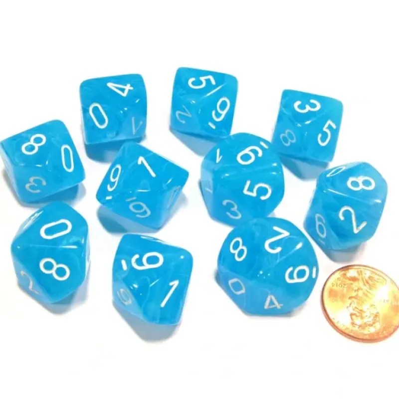Dice>Set of 10 Chessex Cirrus D10 Dice - Light Blue with White Numbers - Your Source for Gaming Essentials