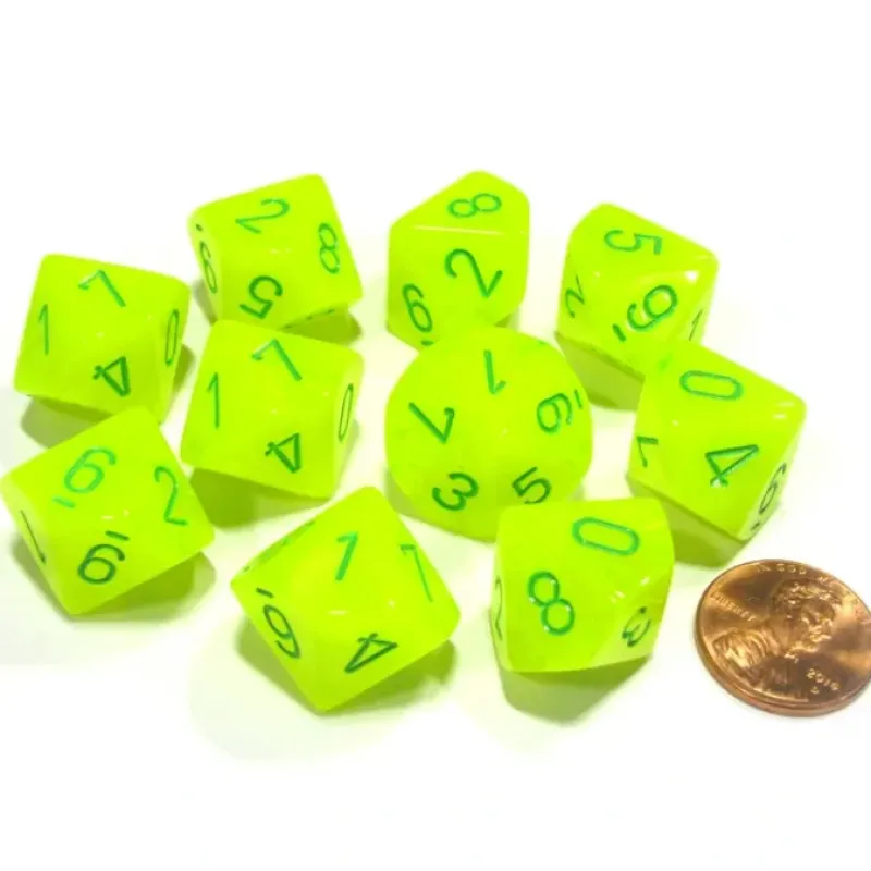 Dice>Set of 10 Chessex Vortex D10 Dice - Bright Electric Yellow with Green Numbers - Your Source for Gaming Essentials