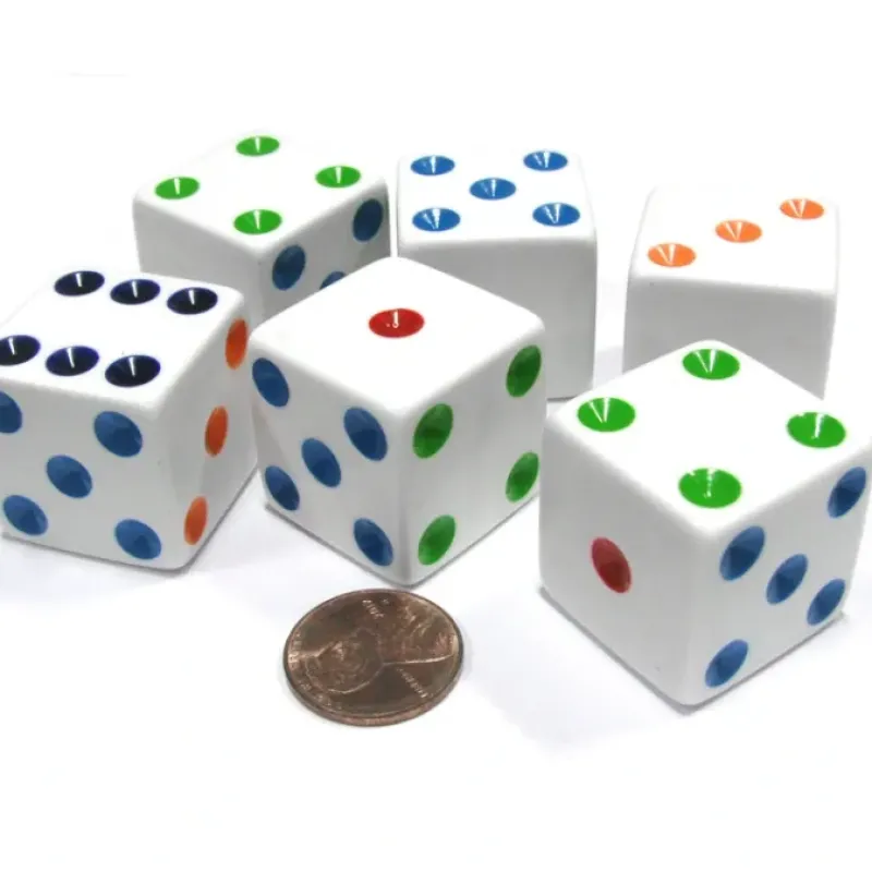 Dice>Set of 6 D6 25mm Large Opaque Jumbo Dice - White with Multicolor Pip - Your Source for Gaming Essentials