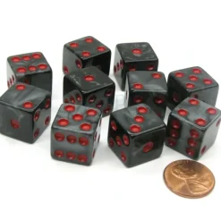 Dice>Set of 10 D6 16mm Marbleized Square Corner Dice - Charcoal with Red Pips - Your Source for Gaming Essentials