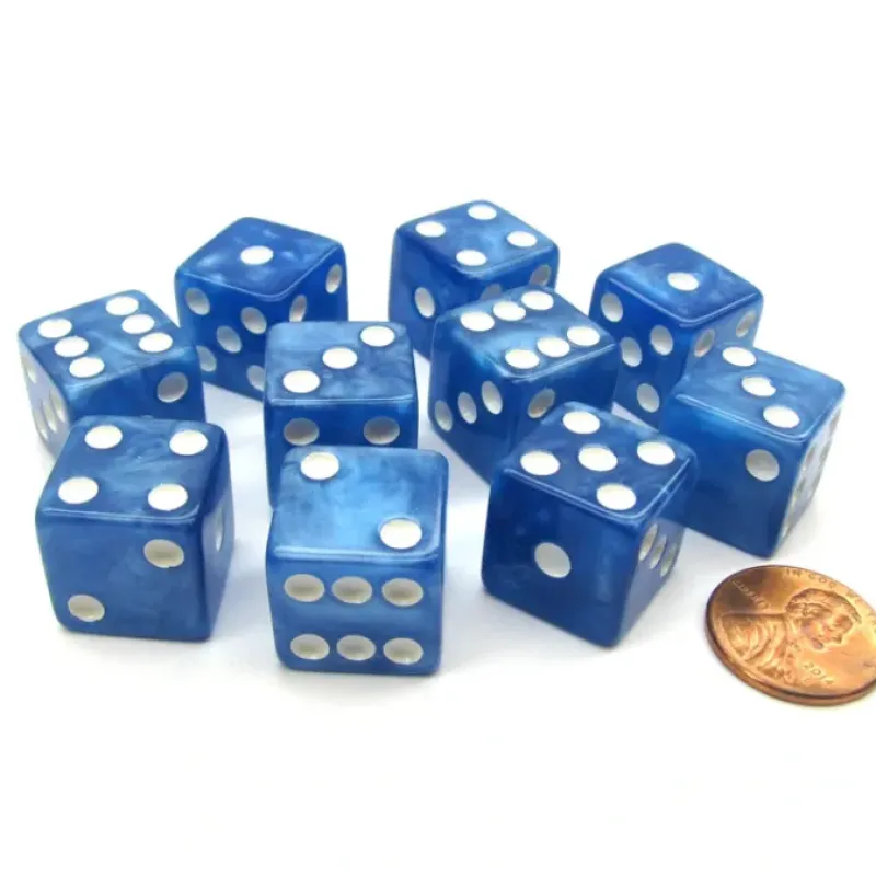 Dice>Set of 10 D6 16mm Marbleized Square Corner Dice - Blue with White Pips - Your Source for Gaming Essentials