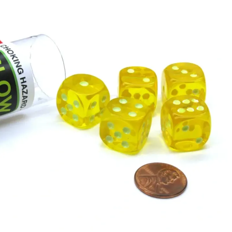 Dice>Set of 5 16mm D6 Glow In the Dark Spots Dice in Tube - Yellow - Your Source for Gaming Essentials